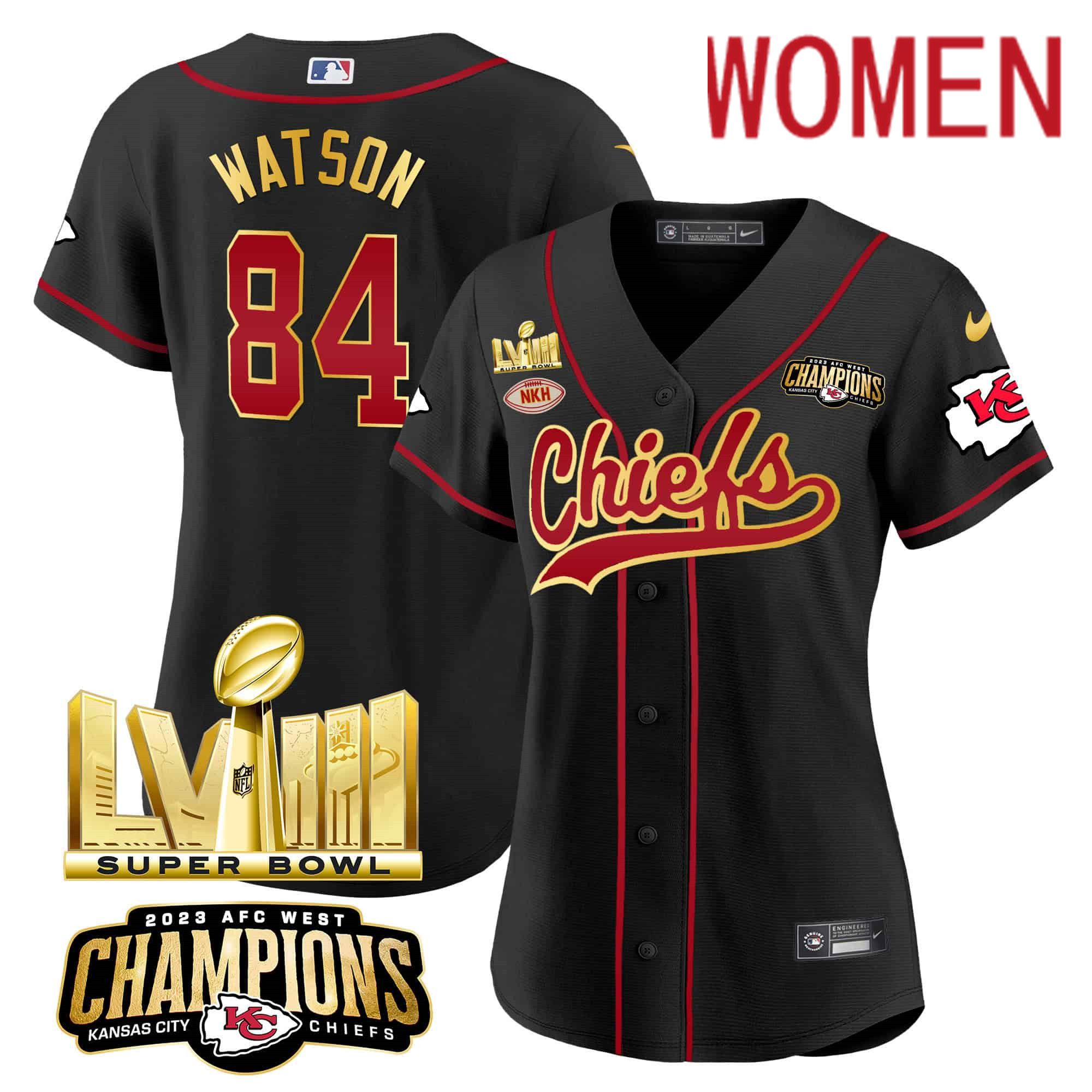 Women Kansas City Chiefs #84 Watson Black 2024 Nike Super Bowl LVIII Back-2-Back Gold Patch Baseball NFL Jersey